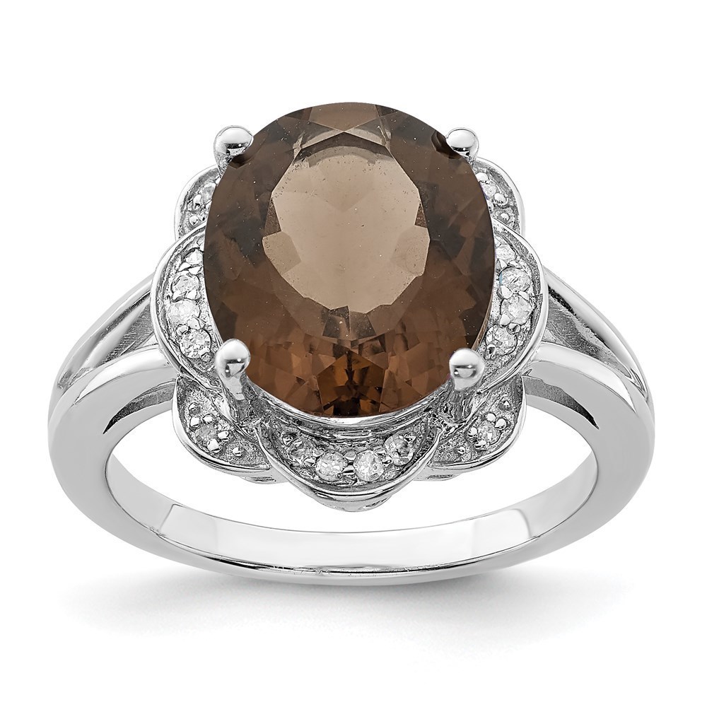 925 Sterling Silver Rhodium Oval Smoky Quartz & Diam. Ring, size 7
